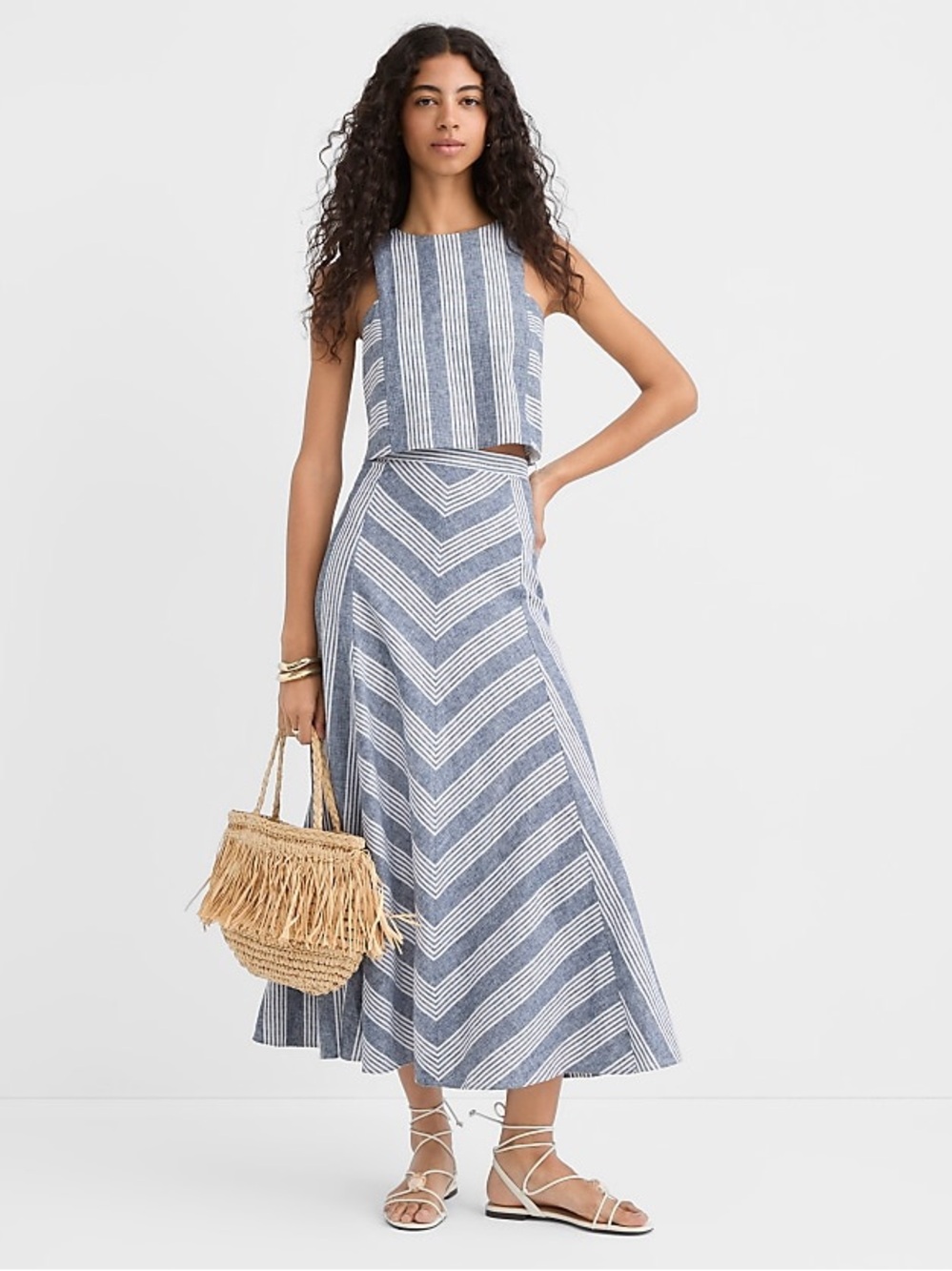 LOFT Blue and White Chevron Linen Stripe Maxi Skirt